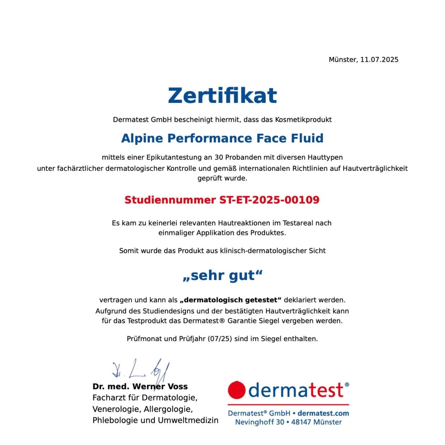 Dermatest-Zertifikat für „Alpine Performance Face Fluid“, Bewertung „sehr gut“, dermatologisch getestet, Studiennummer ST-ET-2025-00109