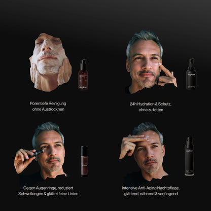 Vier Bildfelder zeigen die Anwendung der Jungkraut Männerpflegeprodukte:
Oben links ein Mann bei der Gesichtsreinigung mit Schaum („Porentiefe Reinigung ohne Austrocknen“), daneben oben rechts beim Auftragen einer Creme („24h Hydration & Schutz, ohne zu fetten“).
Unten links trägt er ein Augenserum mit Roll-On auf („Gegen Augenringe, reduziert Schwellungen & glättet feine Linien“), unten rechts eine Nachtpflege auf die Stirn („Intensive Anti-Aging Nachtpflege, glättend, nährend & verjüngend“).
Die dunkle, m