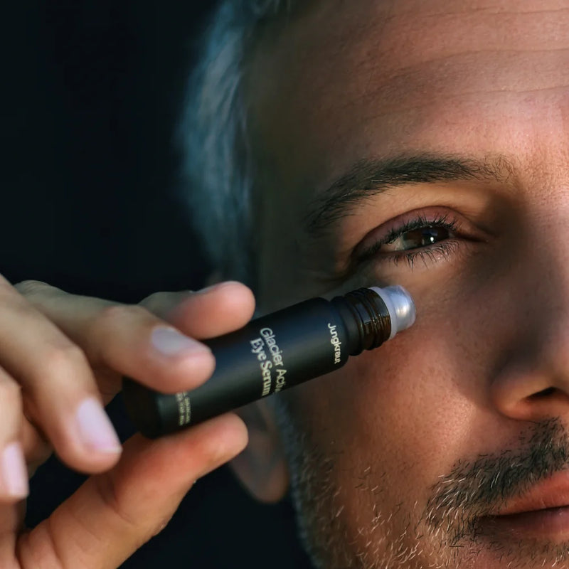 Glide the Glacier Active Eye Serum roll-on under the eye from the nose outwards. Pat in gently if needed.